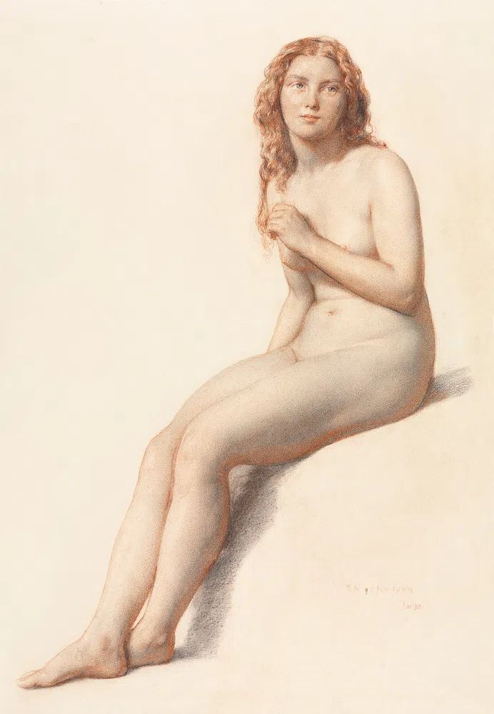 Naked woman posing sensually, vintage. poster — illustration art