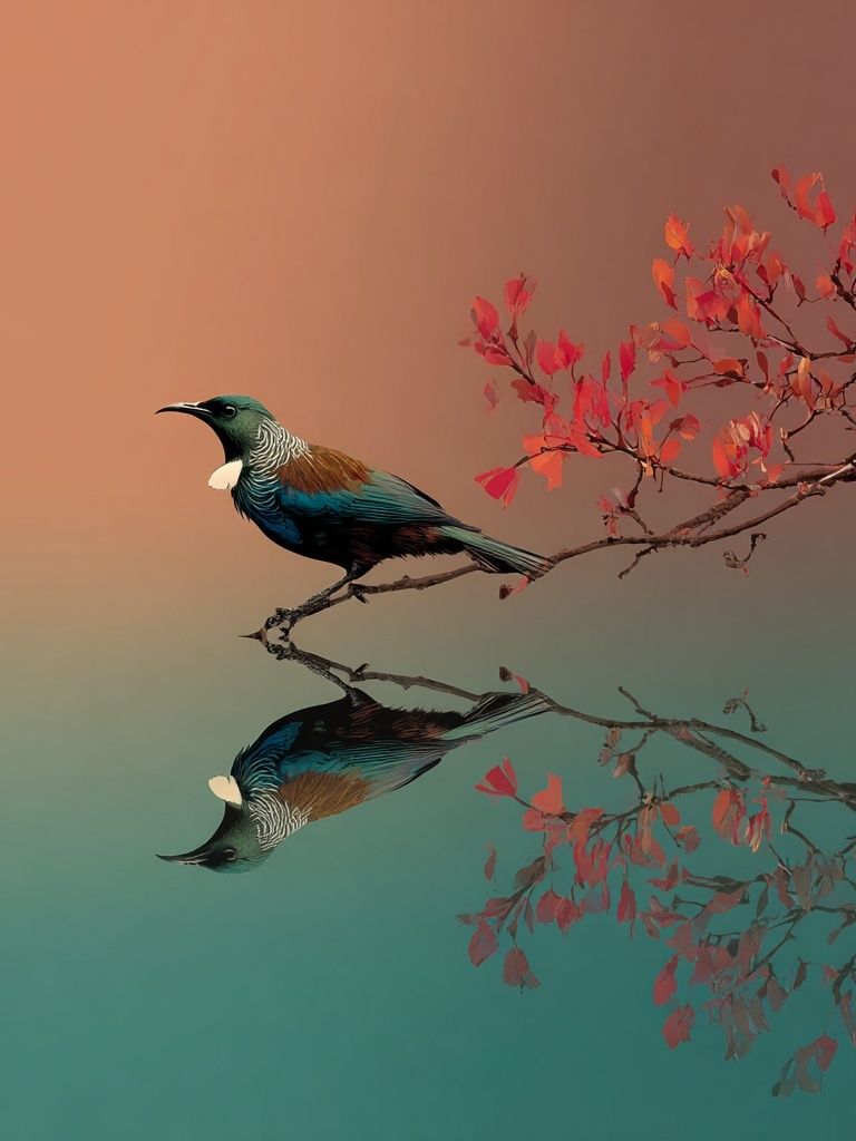 Mirrored Bird Branch Print. poster detail