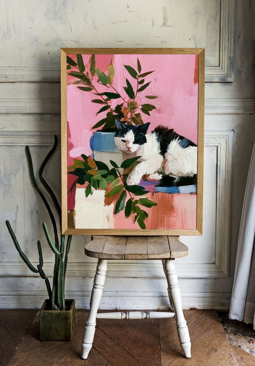 Black and White Cat Botanical Poster. room preview