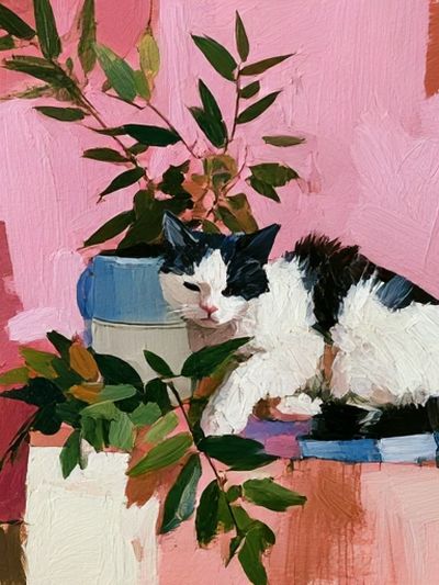 Black and White Cat Botanical Poster. poster