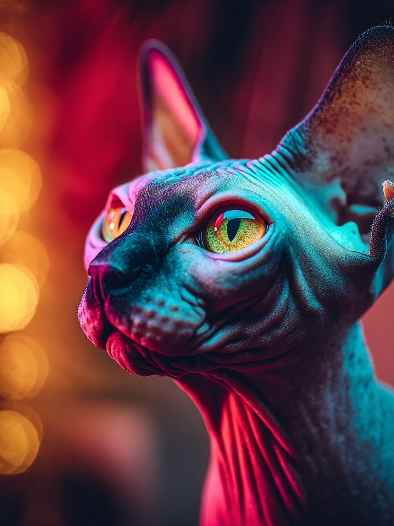 Neon Sphynx Cat Portrait Poster. poster detail