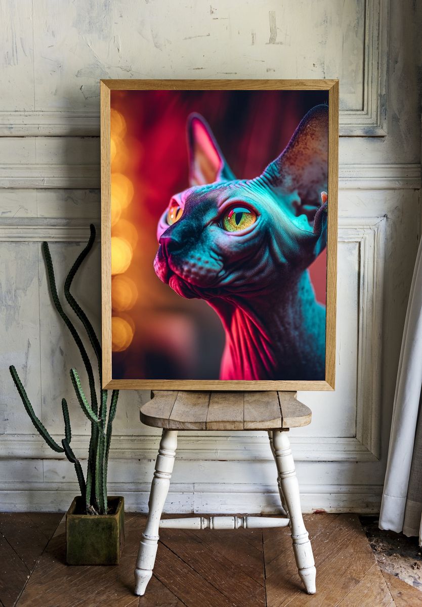 Neon Sphynx Cat Portrait Poster. — room view 1