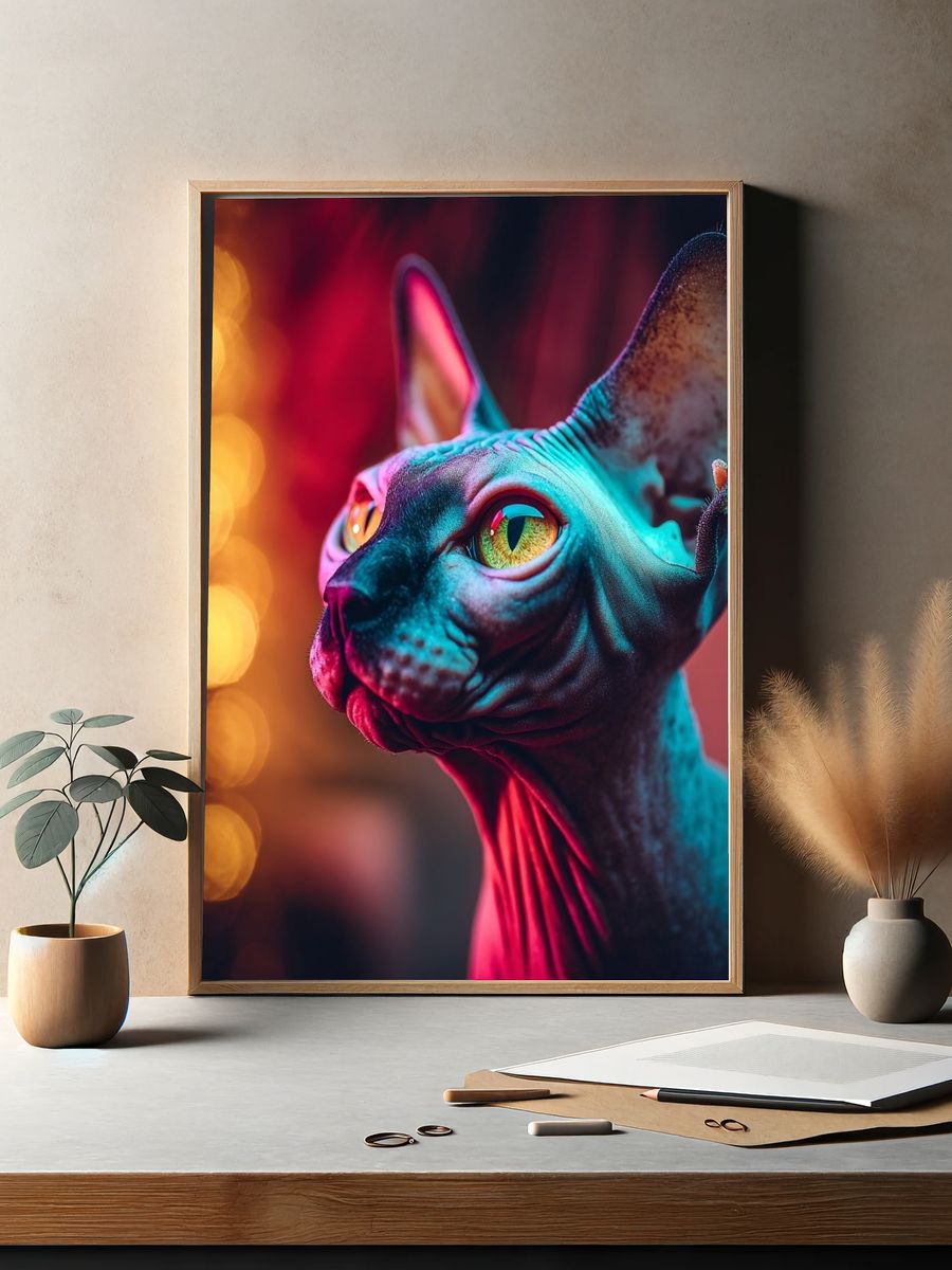 Neon Sphynx Cat Portrait Poster. — room view 2