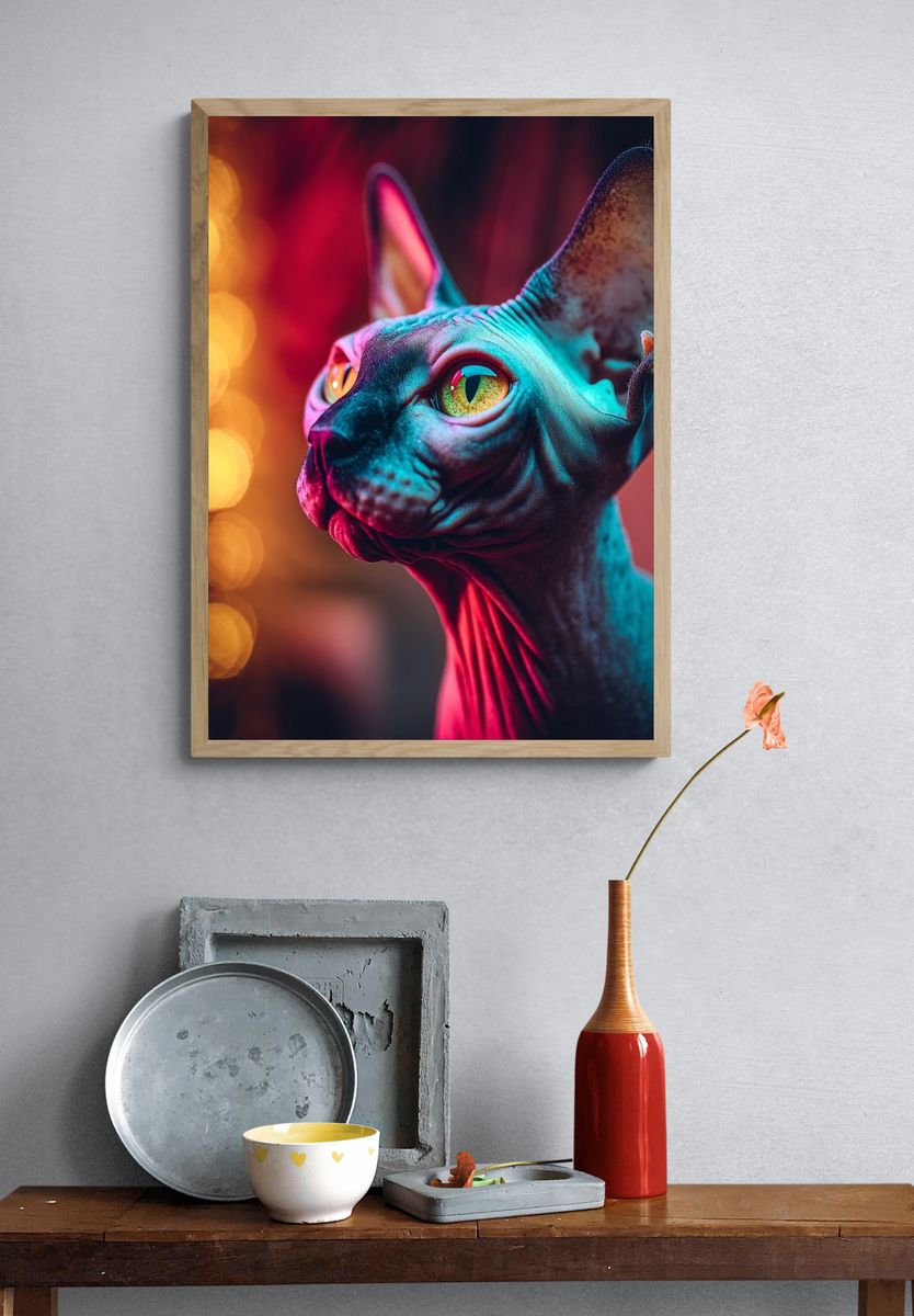 Neon Sphynx Cat Portrait Poster. — room view 3
