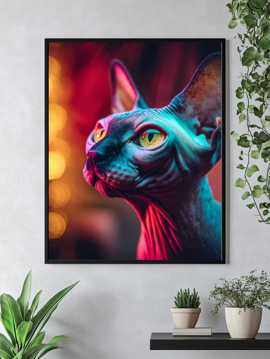 Neon Sphynx Cat Portrait Poster. — room view 4