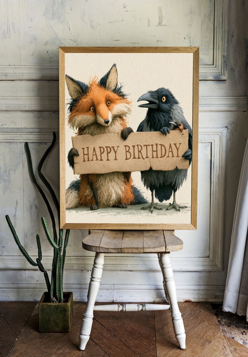 Happy Birthday Fox and Crow Print. room preview