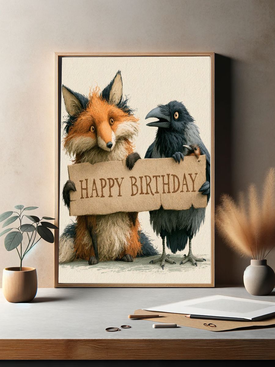 Happy Birthday Fox and Crow Print. — room view 2