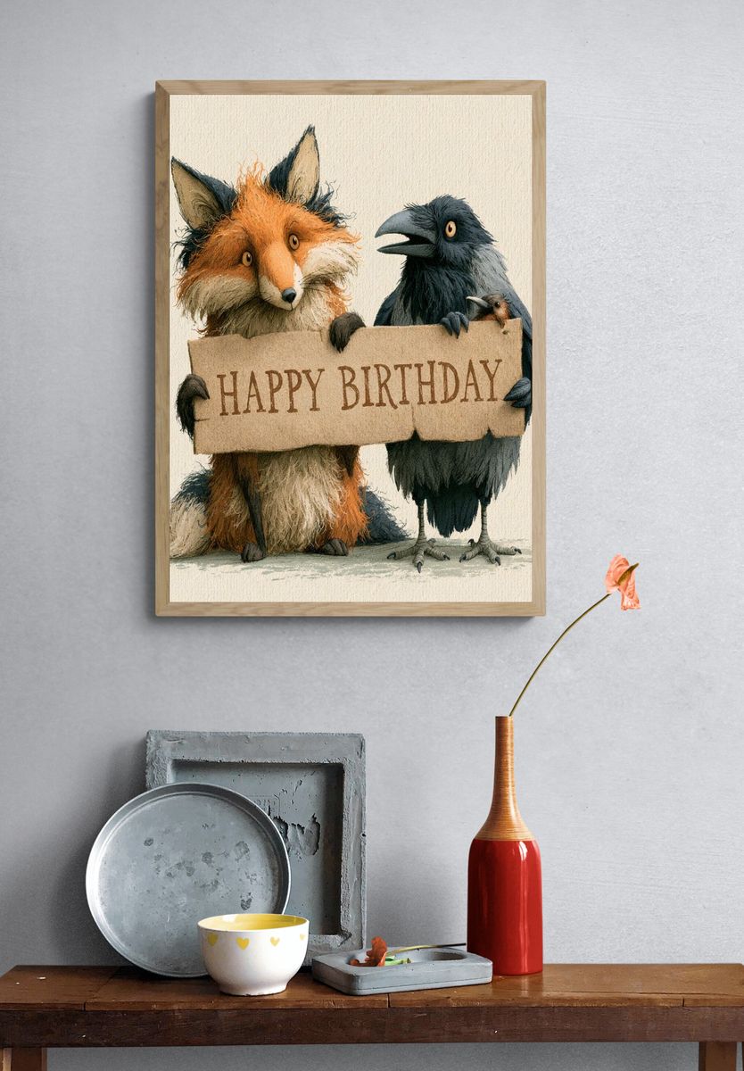 Happy Birthday Fox and Crow Print. — room view 3