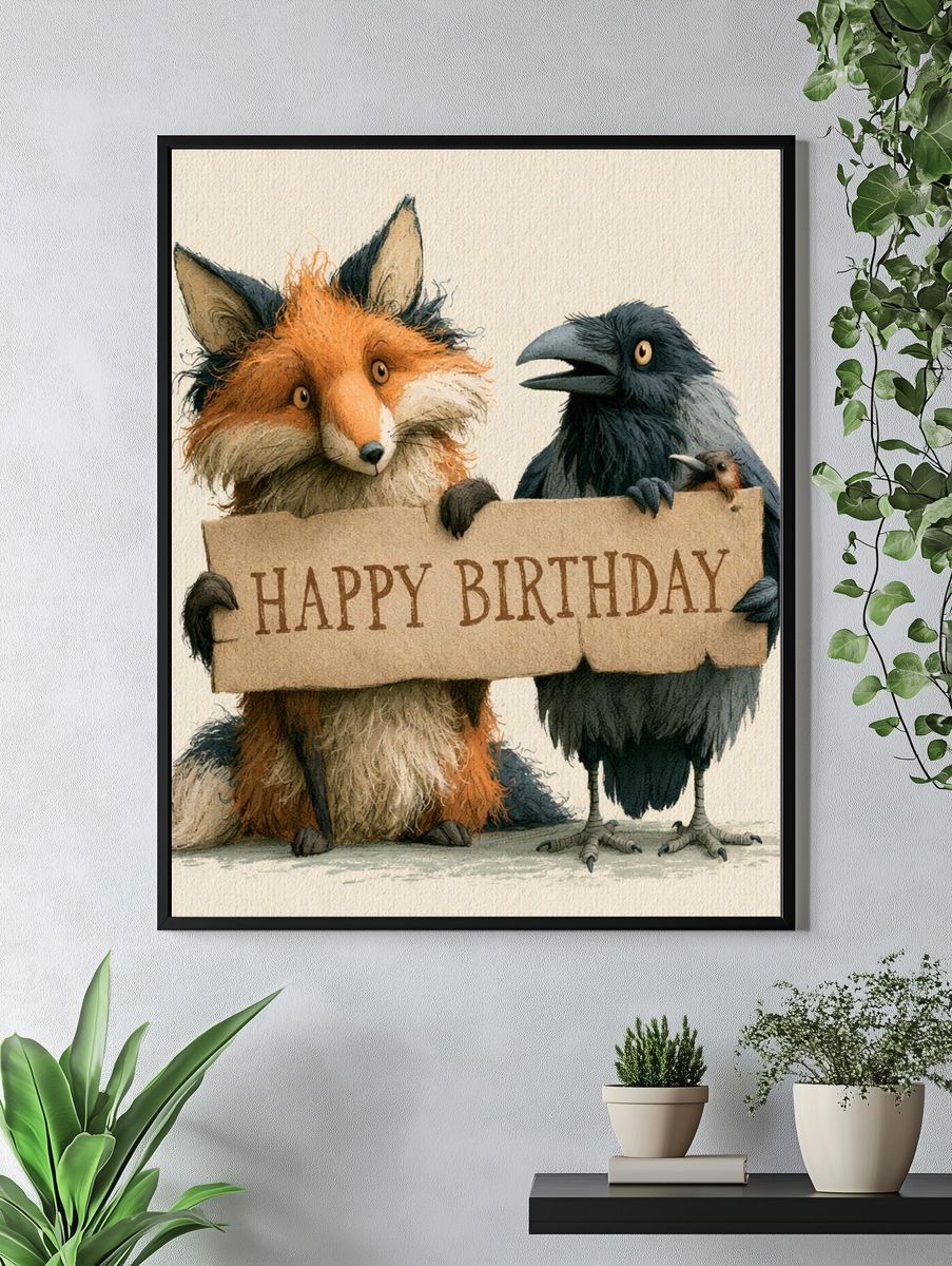 Happy Birthday Fox and Crow Print. — room view 4