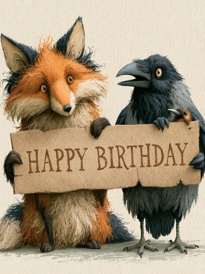 Happy Birthday Fox and Crow Print. poster