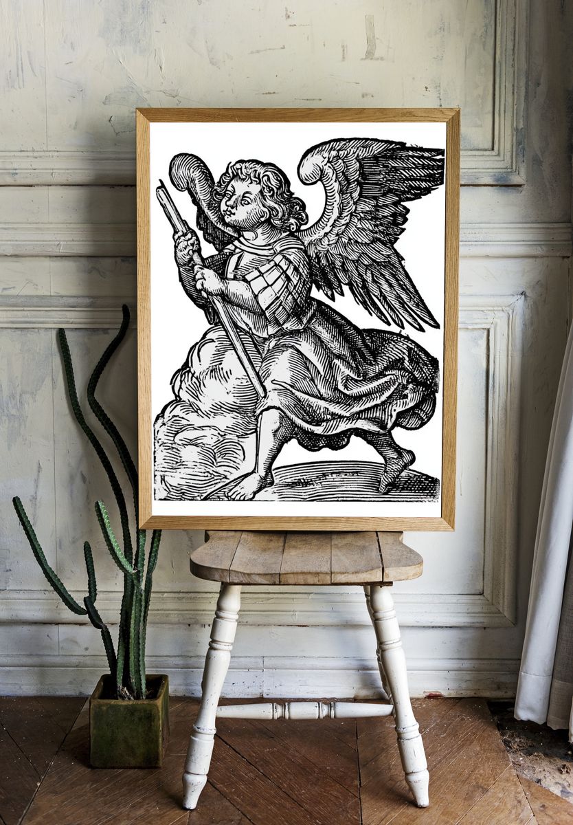 Winged Angel Woodcut Print. room preview