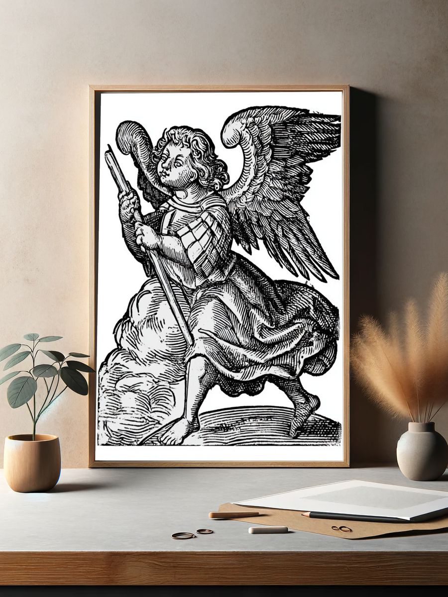 Winged Angel Woodcut Print. — room view 2