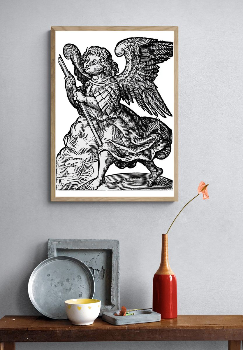 Winged Angel Woodcut Print. — room view 3