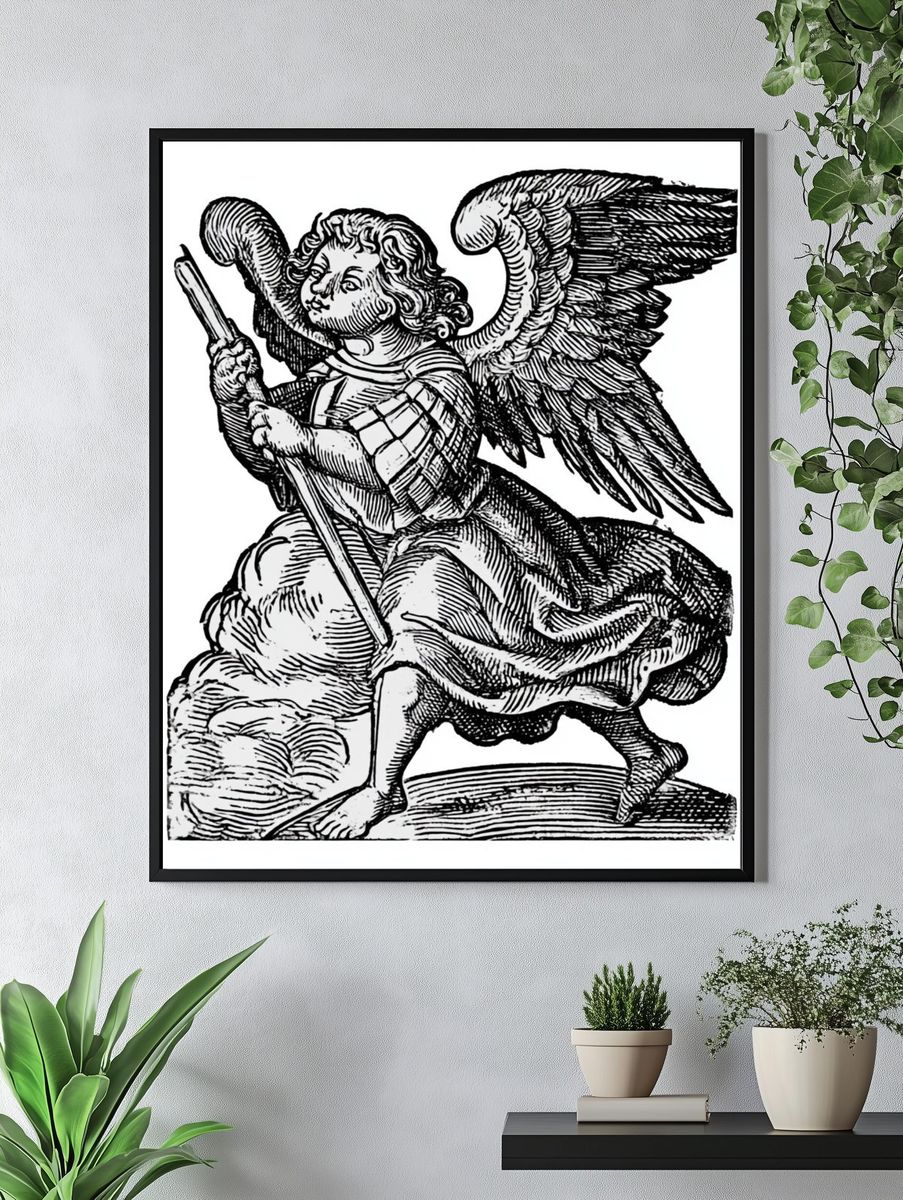 Winged Angel Woodcut Print. — room view 4