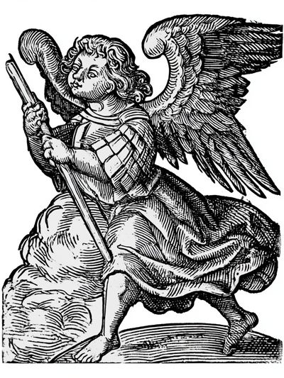 Winged Angel Woodcut Print. poster