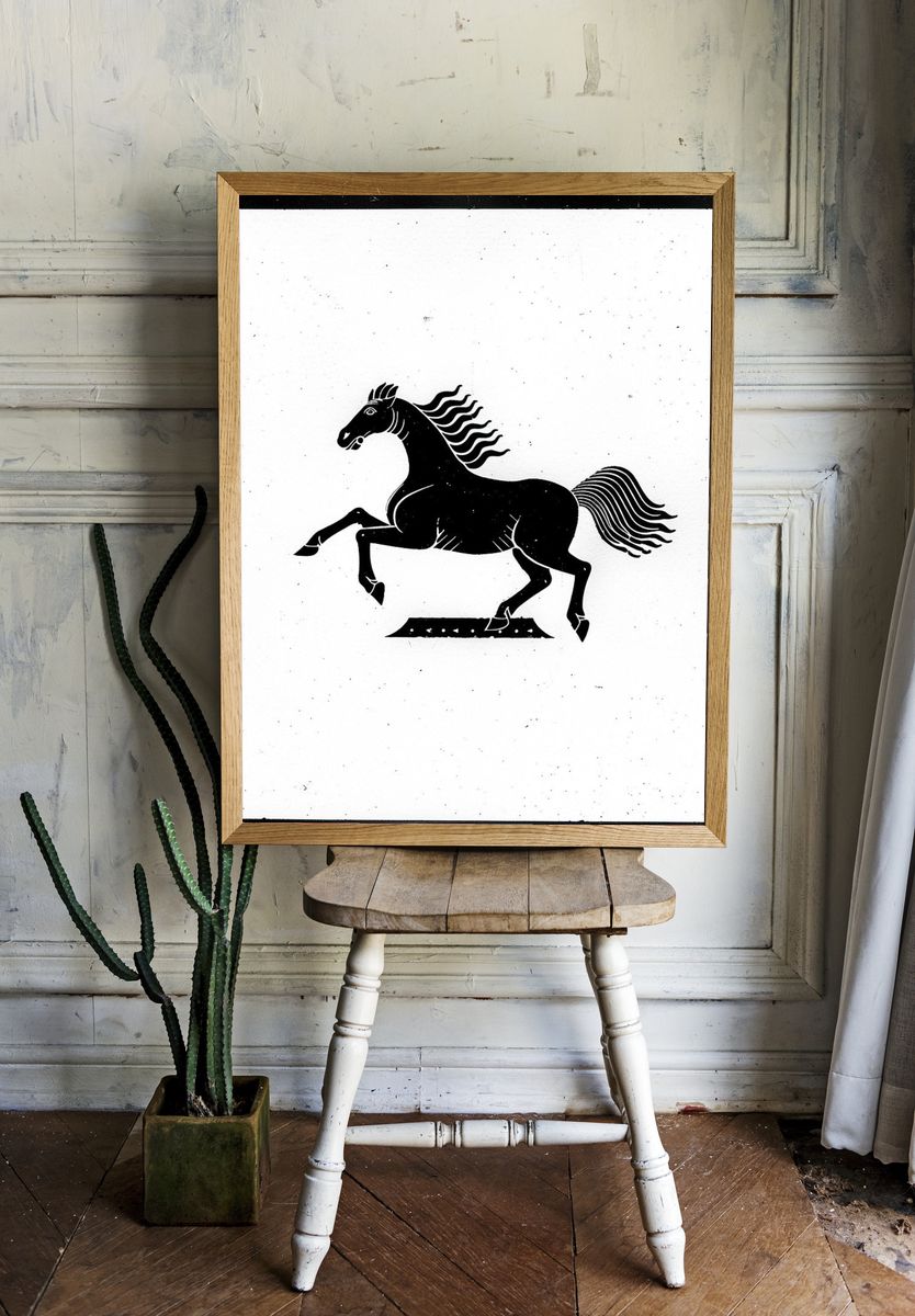 Galloping Horse Black-White Poster. room preview