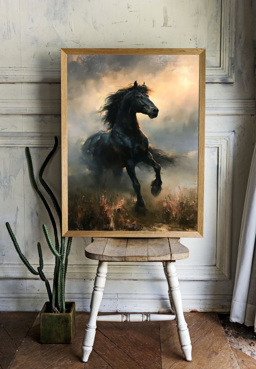 Black Horse in Mist Fine-Art Print. room preview