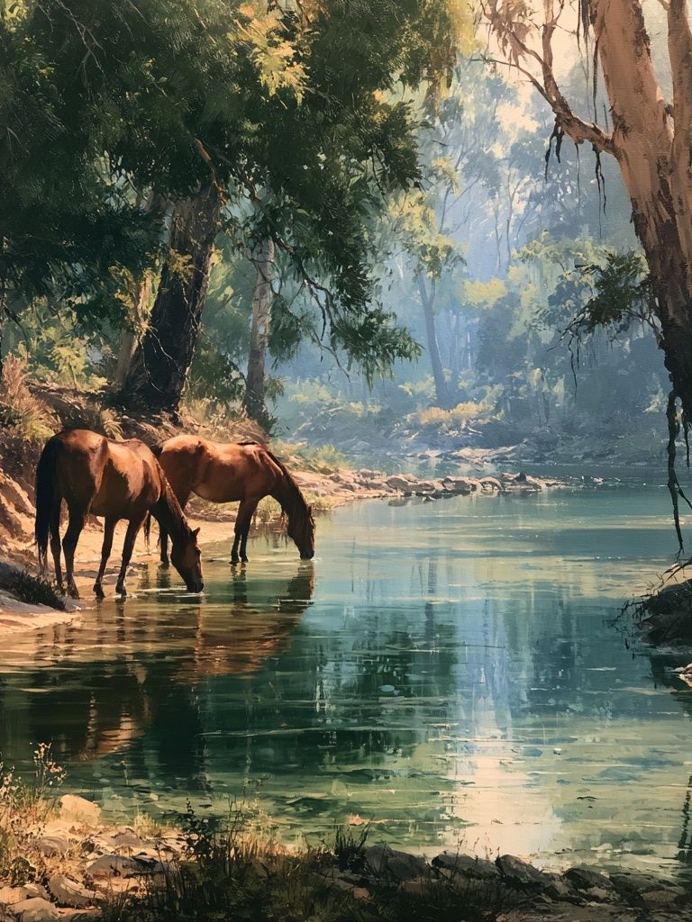 Forest Horses by the River Poster. poster detail
