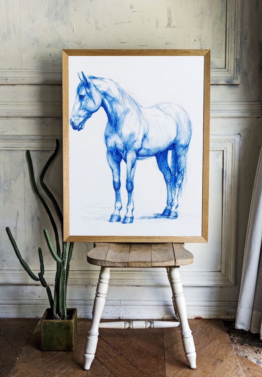 Blue Horse Sketch Illustration Poster. — room view 1
