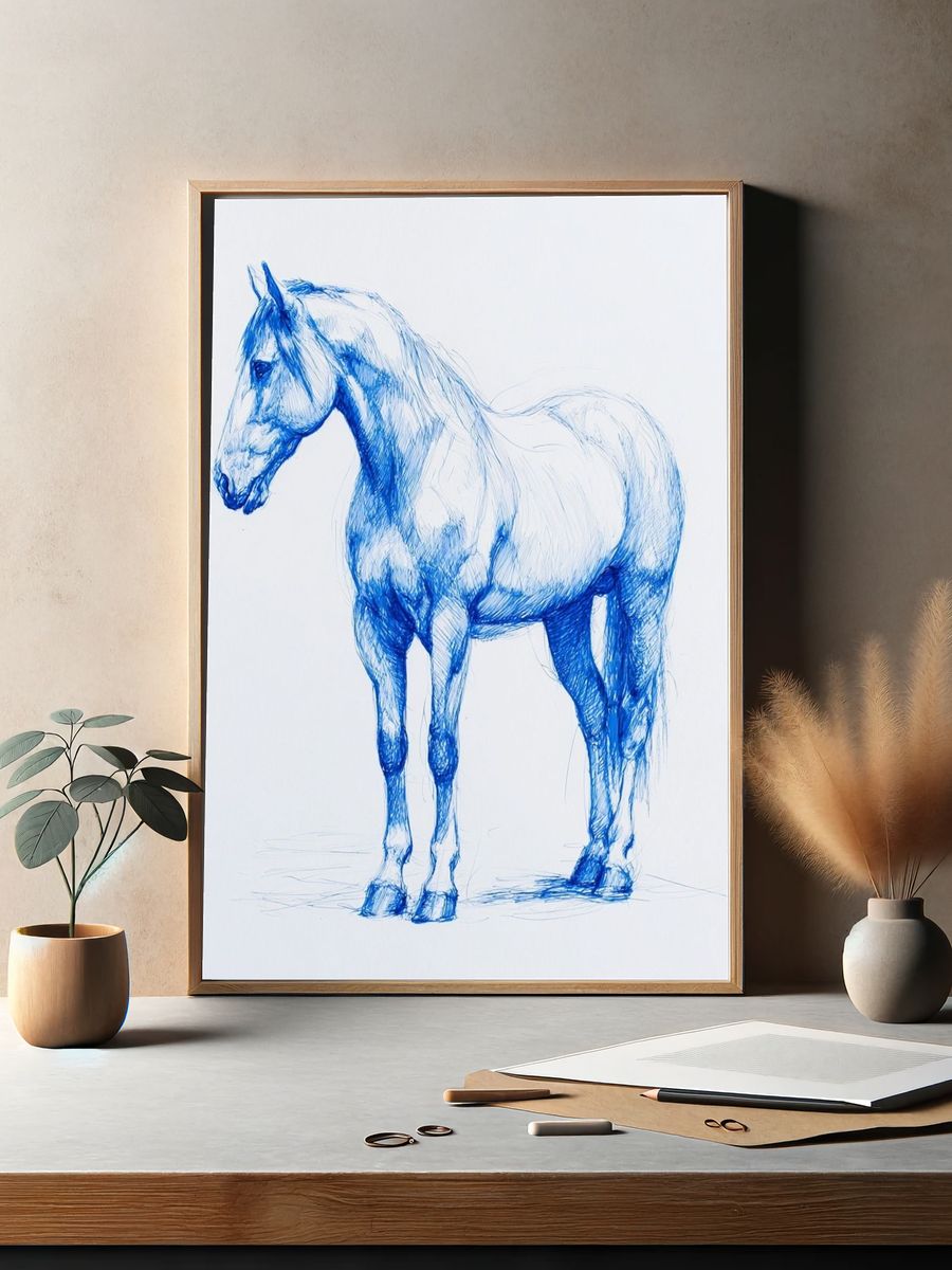 Blue Horse Sketch Illustration Poster. — room view 2