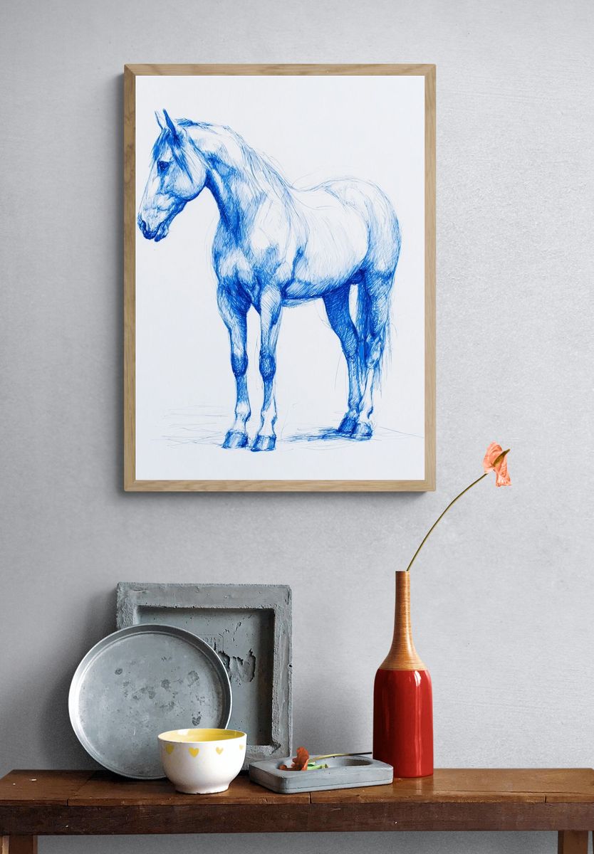 Blue Horse Sketch Illustration Poster. — room view 3