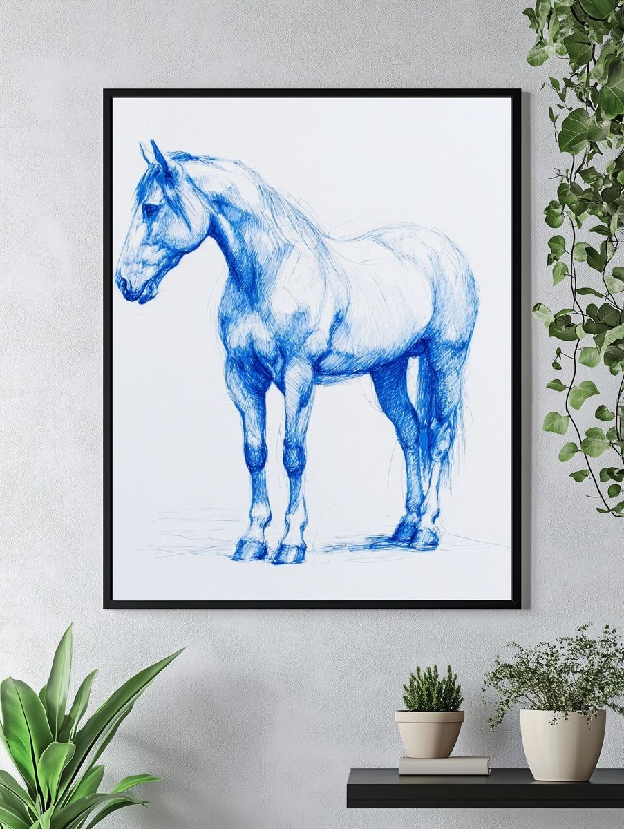 Blue Horse Sketch Illustration Poster. — room view 4
