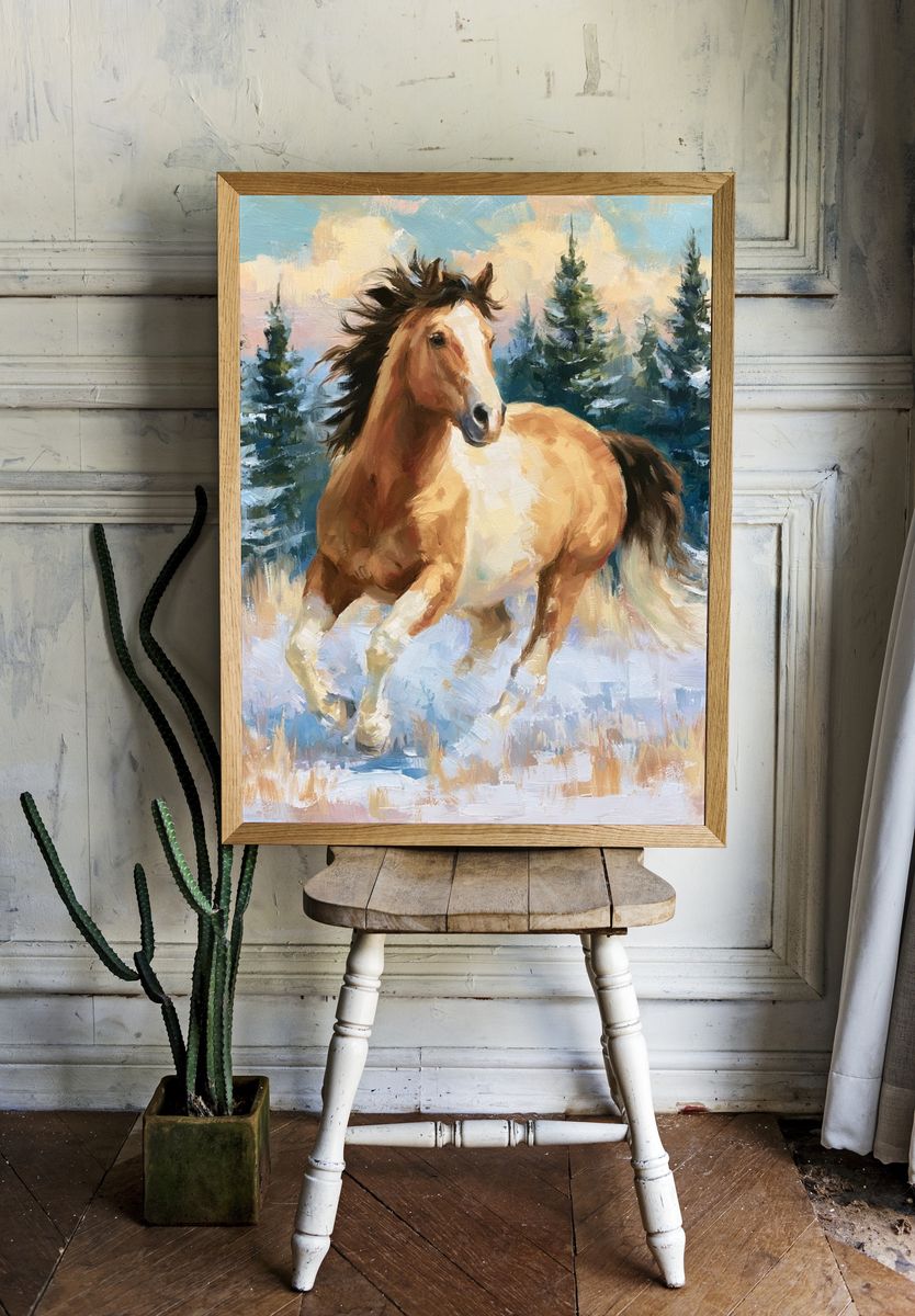 Winter Horse in Snowy Pines Poster. room preview