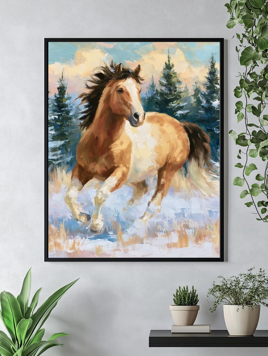 Winter Horse in Snowy Pines Poster. — room view 4