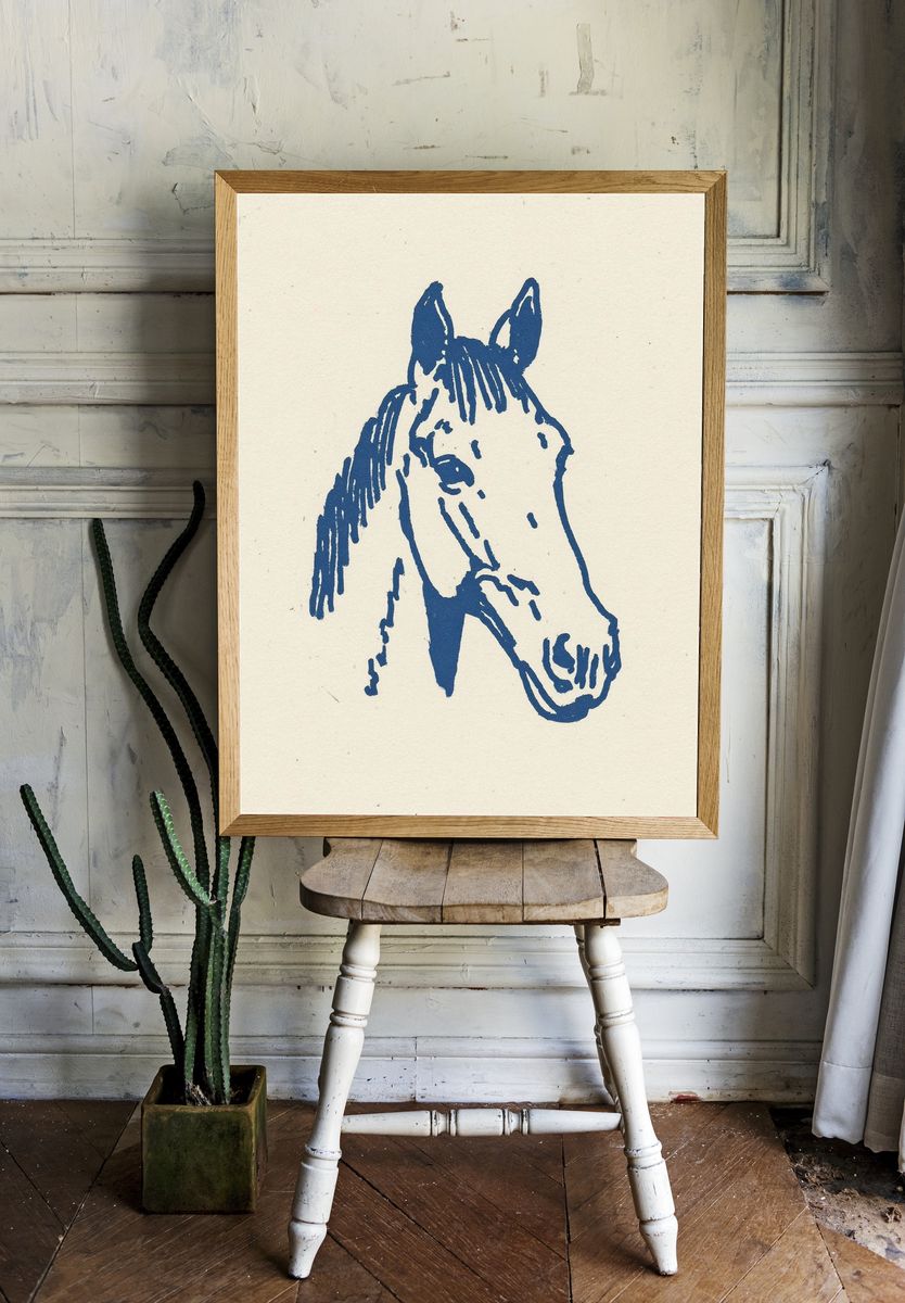Blue Horse Line Art Poster. room preview