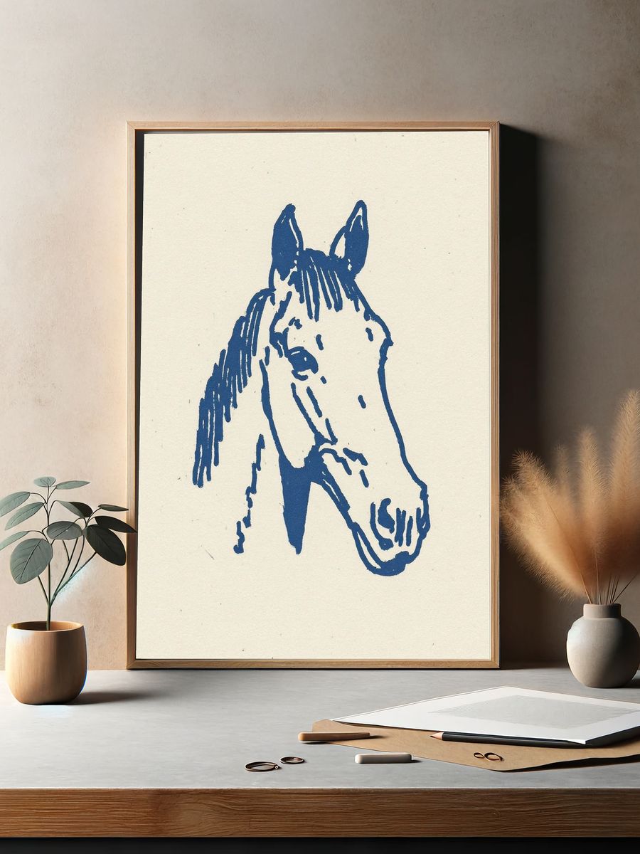 Blue Horse Line Art Poster. — room view 2