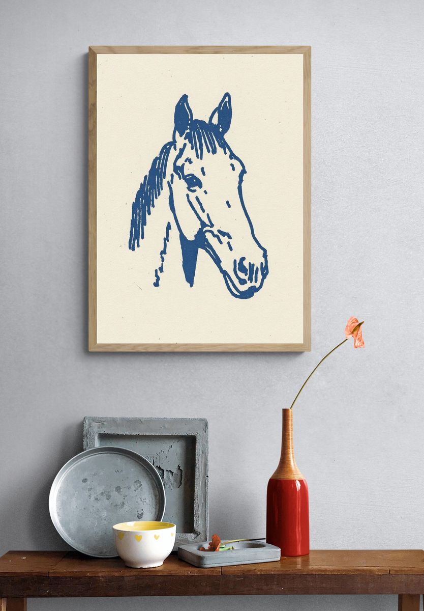 Blue Horse Line Art Poster. — room view 3