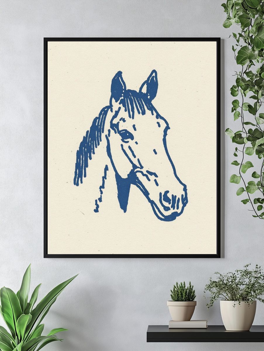 Blue Horse Line Art Poster. — room view 4