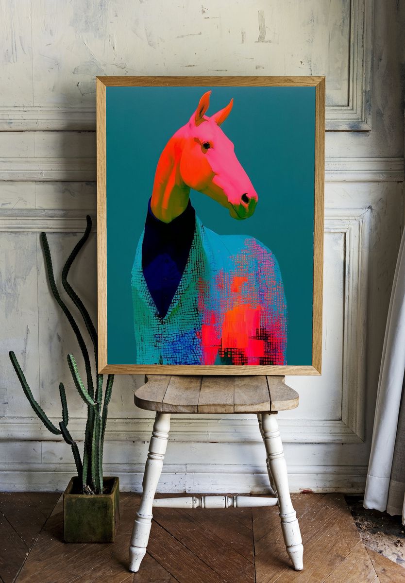 Neon Horse Portrait Print. room preview