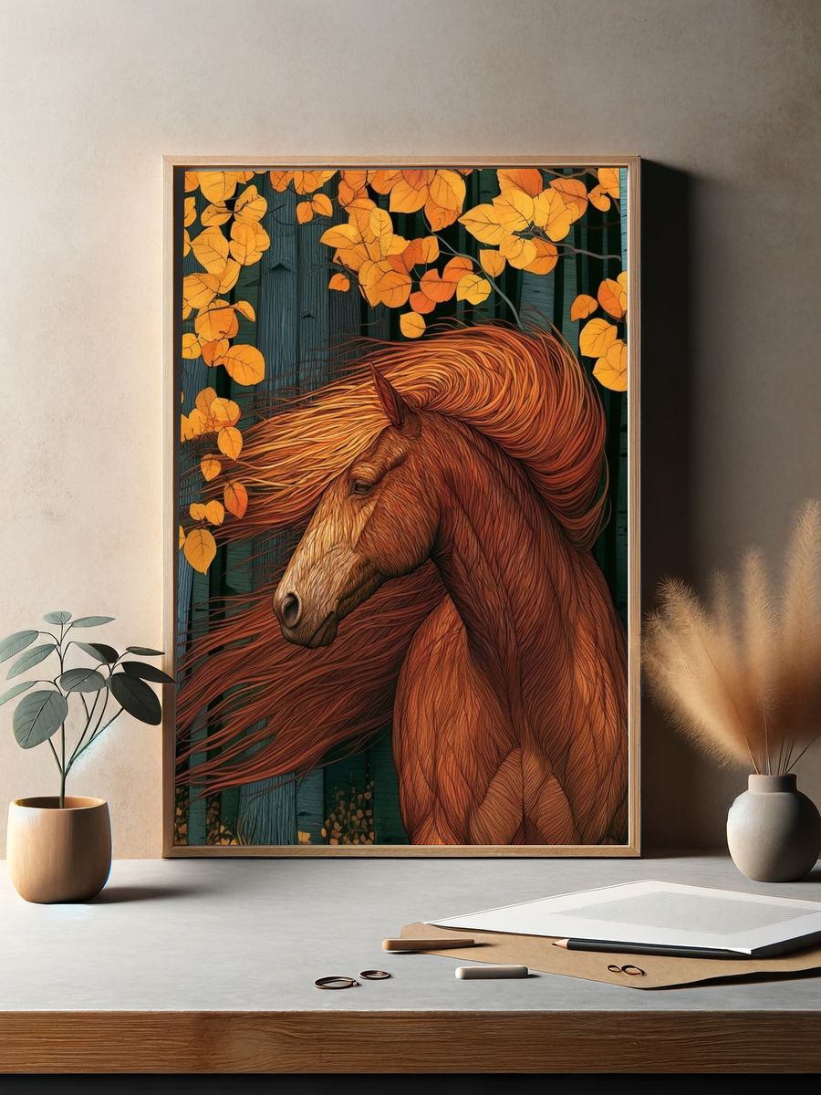 Autumn Horse Forest Illustration Poster. — room view 2
