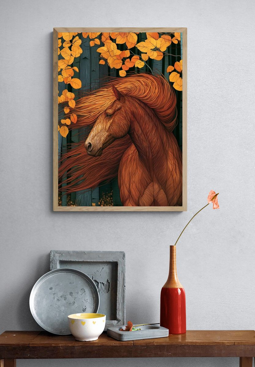 Autumn Horse Forest Illustration Poster. — room view 3