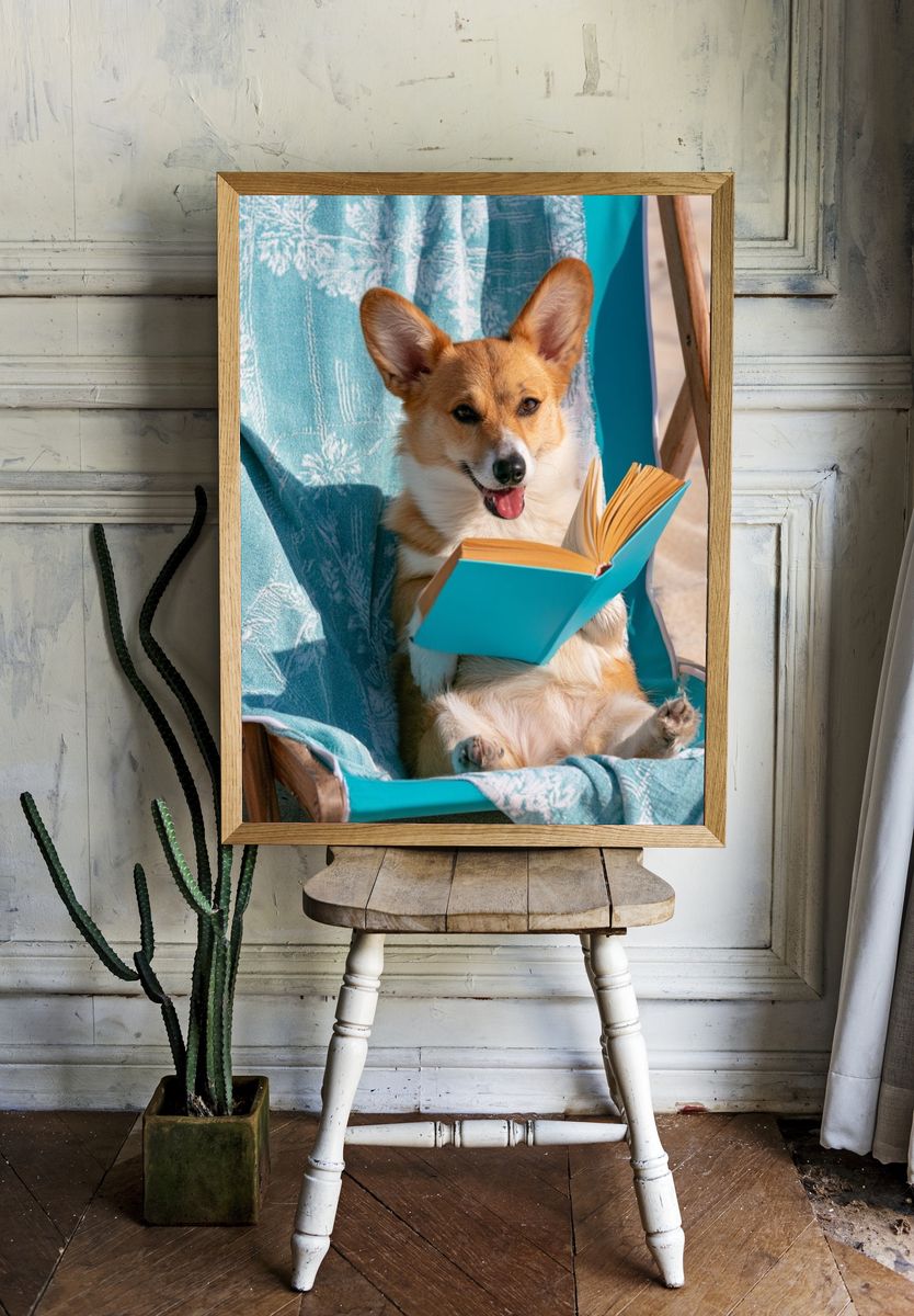 Corgi Reading by the Beach Poster. room preview