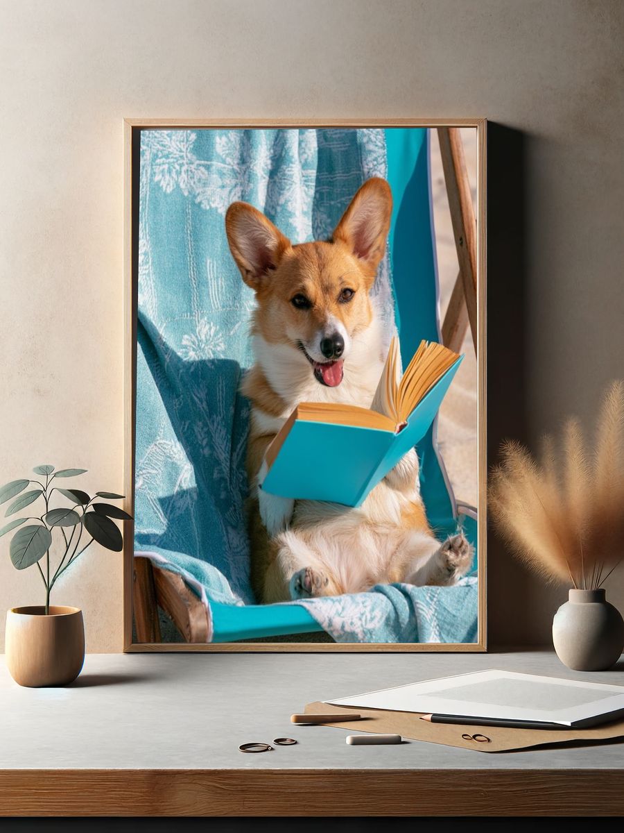Corgi Reading by the Beach Poster. — room view 2