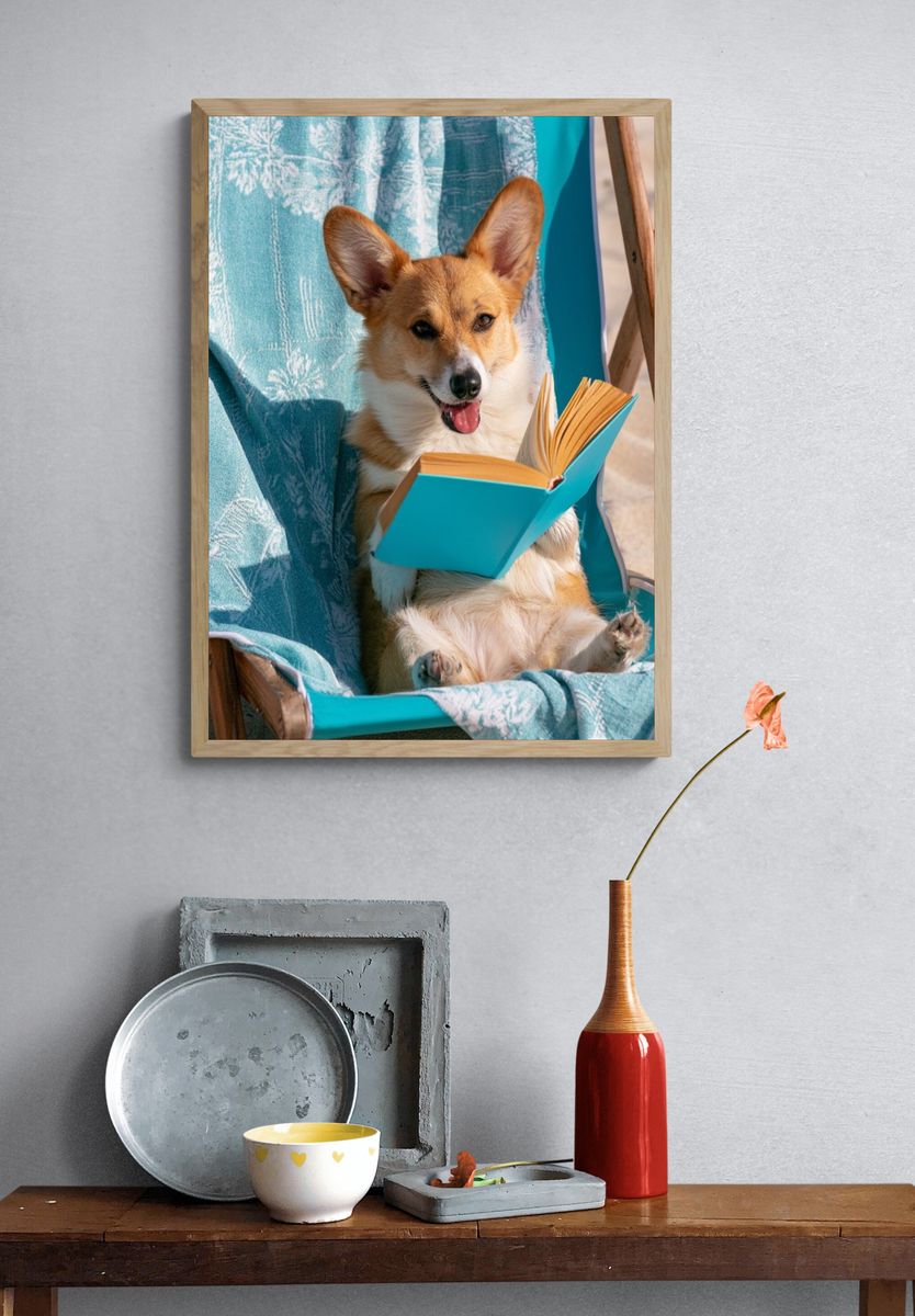 Corgi Reading by the Beach Poster. — room view 3