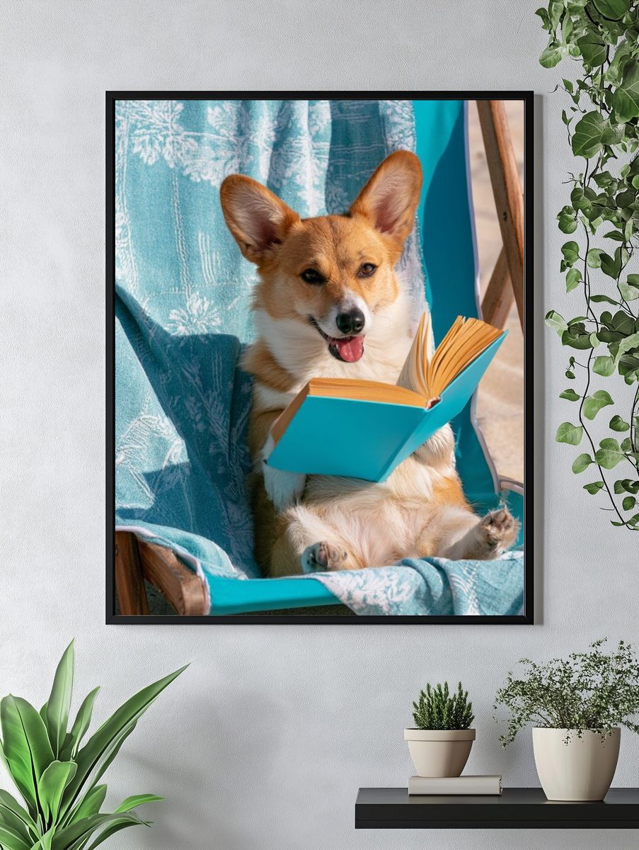 Corgi Reading by the Beach Poster. — room view 4