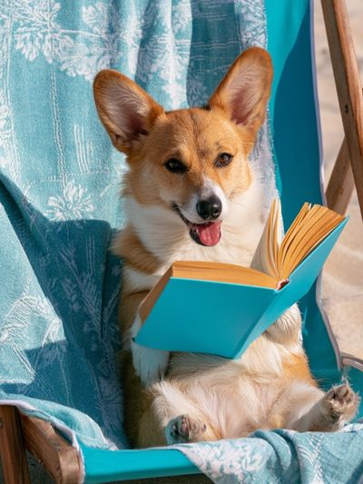 Corgi Reading by the Beach Poster.