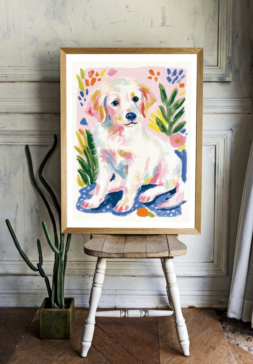 Colorful Puppy Watercolor Poster. — room view 1