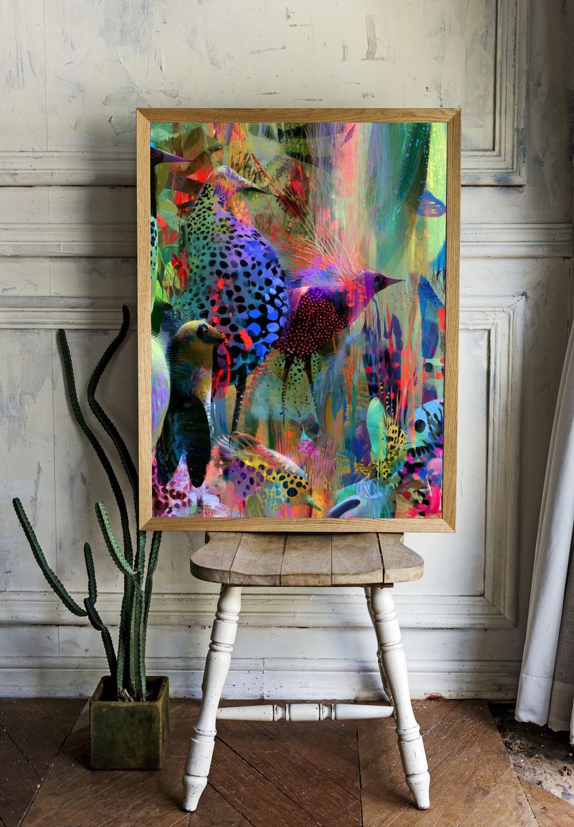 Colorful Birds Illustration Poster. room preview