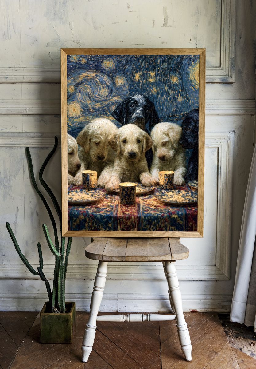 Starry Night Puppies Illustration Poster. — room view 1
