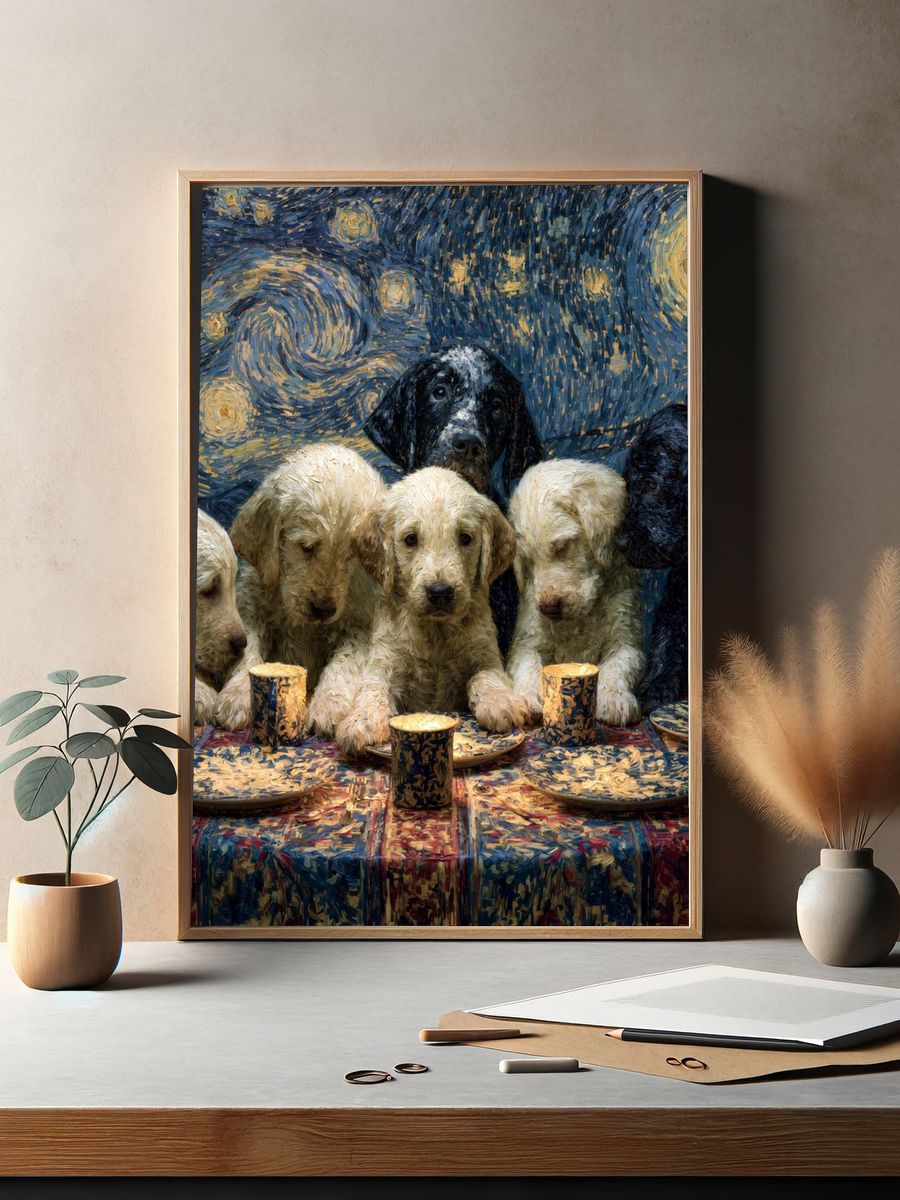 Starry Night Puppies Illustration Poster. — room view 2