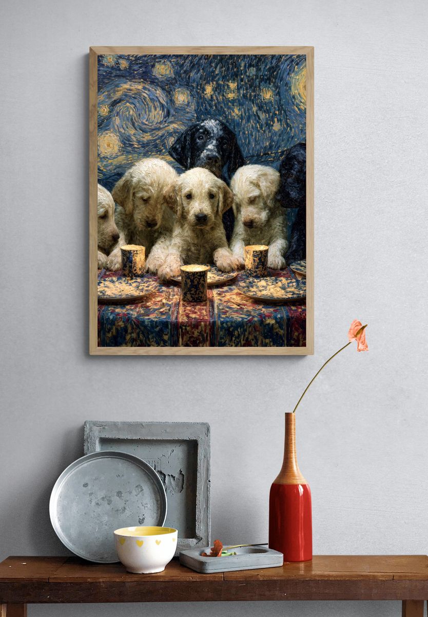 Starry Night Puppies Illustration Poster. — room view 3