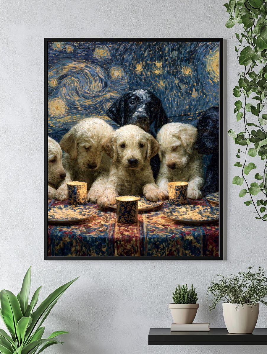 Starry Night Puppies Illustration Poster. — room view 4