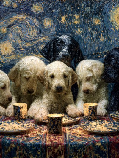 Starry Night Puppies Illustration Poster.