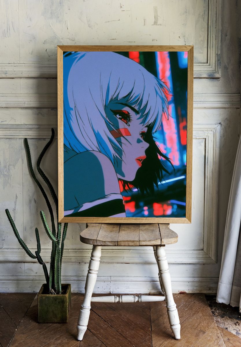 Neon Anime Girl Portrait Poster. room preview