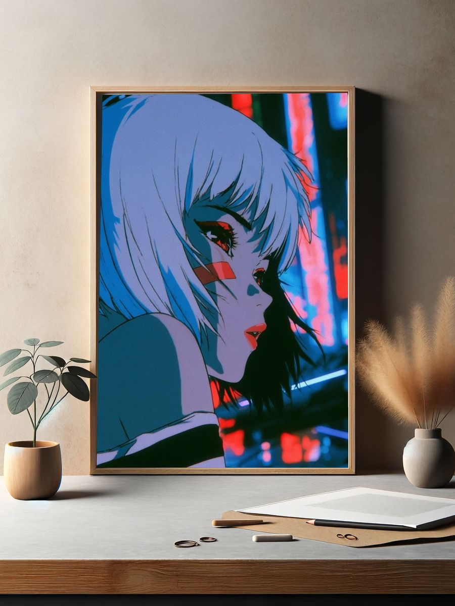 Neon Anime Girl Portrait Poster. — room view 2