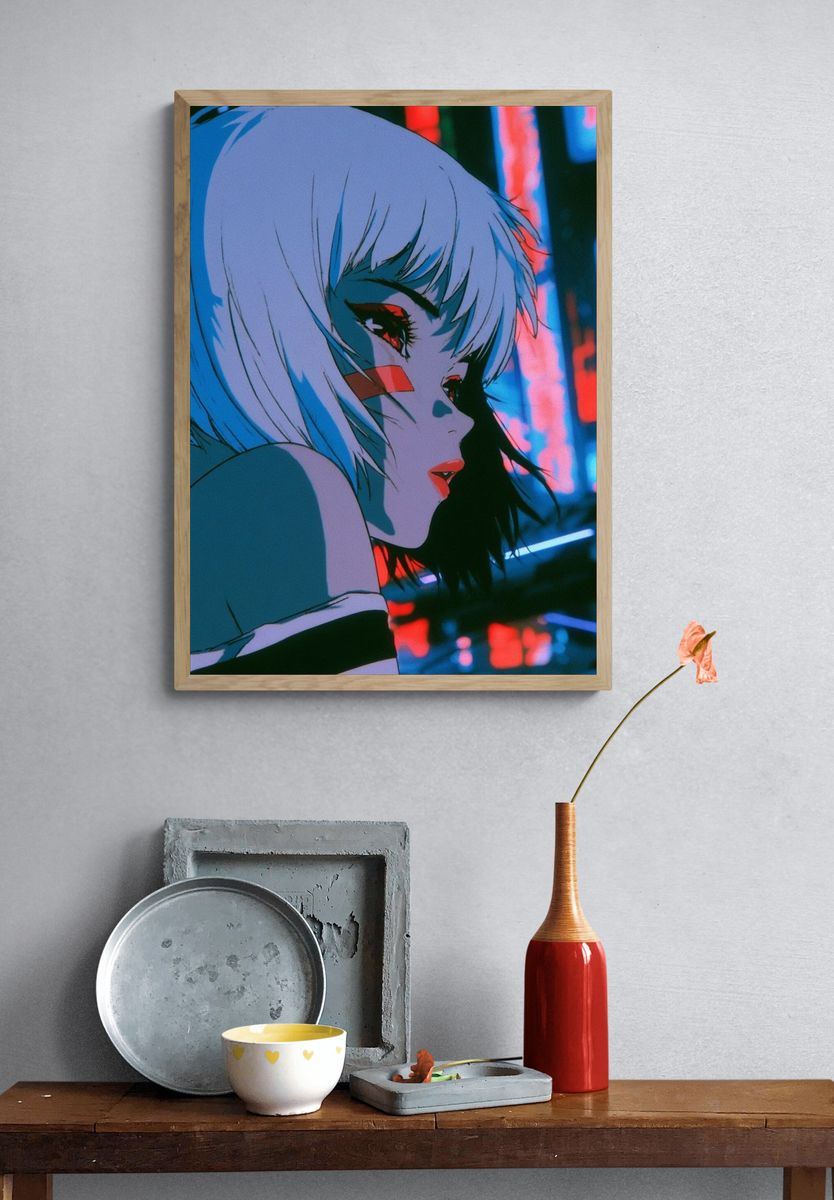 Neon Anime Girl Portrait Poster. — room view 3